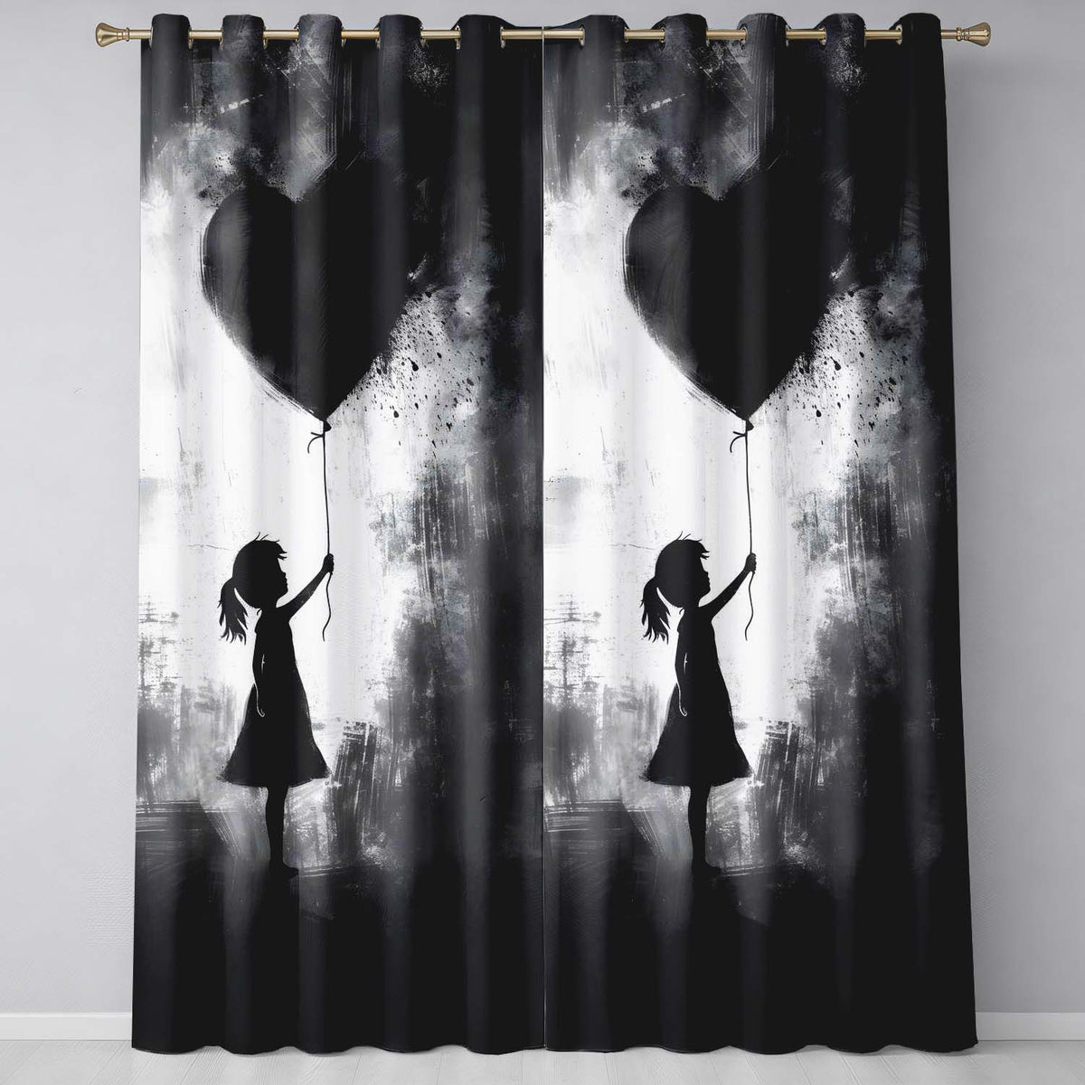 Girl Holding Black Heart Balloon Dark Monochrome Art Timeless Artistic Home Decor Readymade Eyelet Ring Top Thermal 100% Blackout Curtains