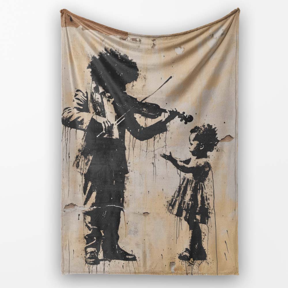 Street Violin Player Child Silhouette Urban Graffiti Artwork, Artistic Modern Decorative Accent - Super Soft Fleece Blanket Bed Sofa Throw