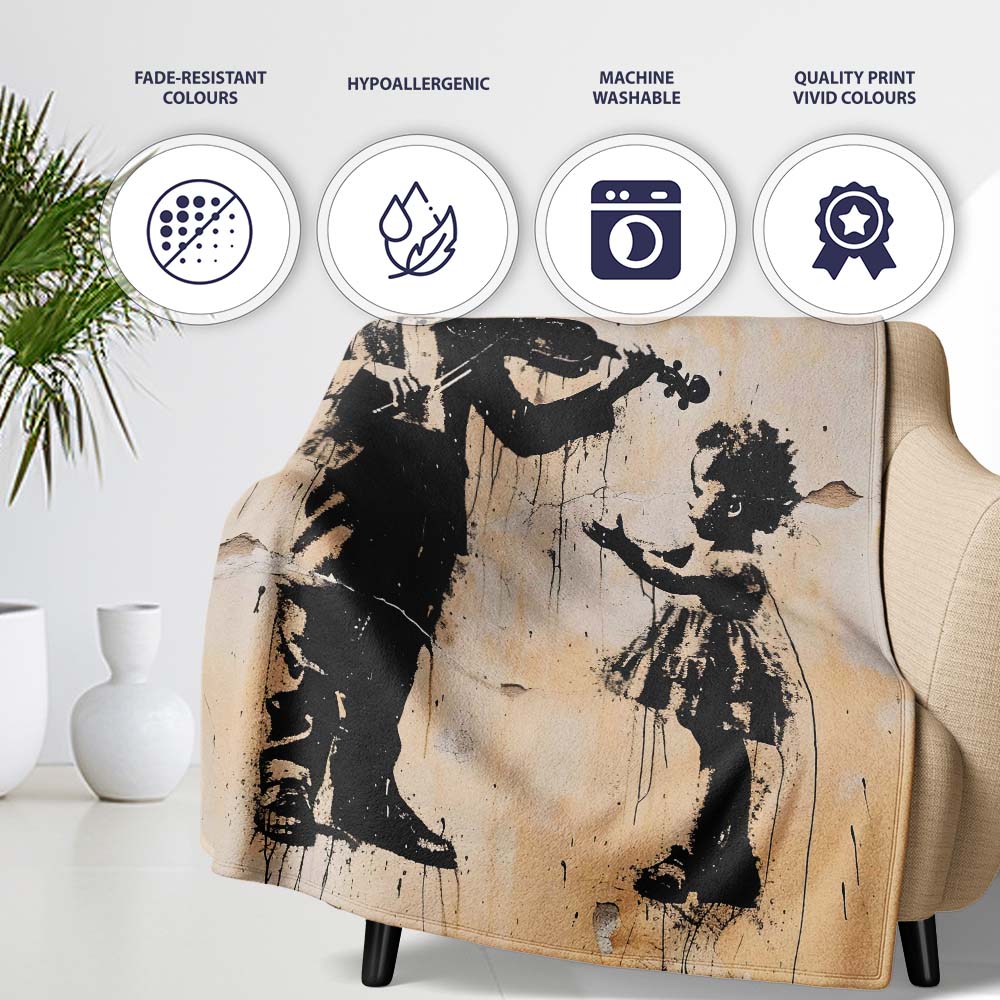 Street Violin Player Child Silhouette Urban Graffiti Artwork, Artistic Modern Decorative Accent - Super Soft Fleece Blanket Bed Sofa Throw