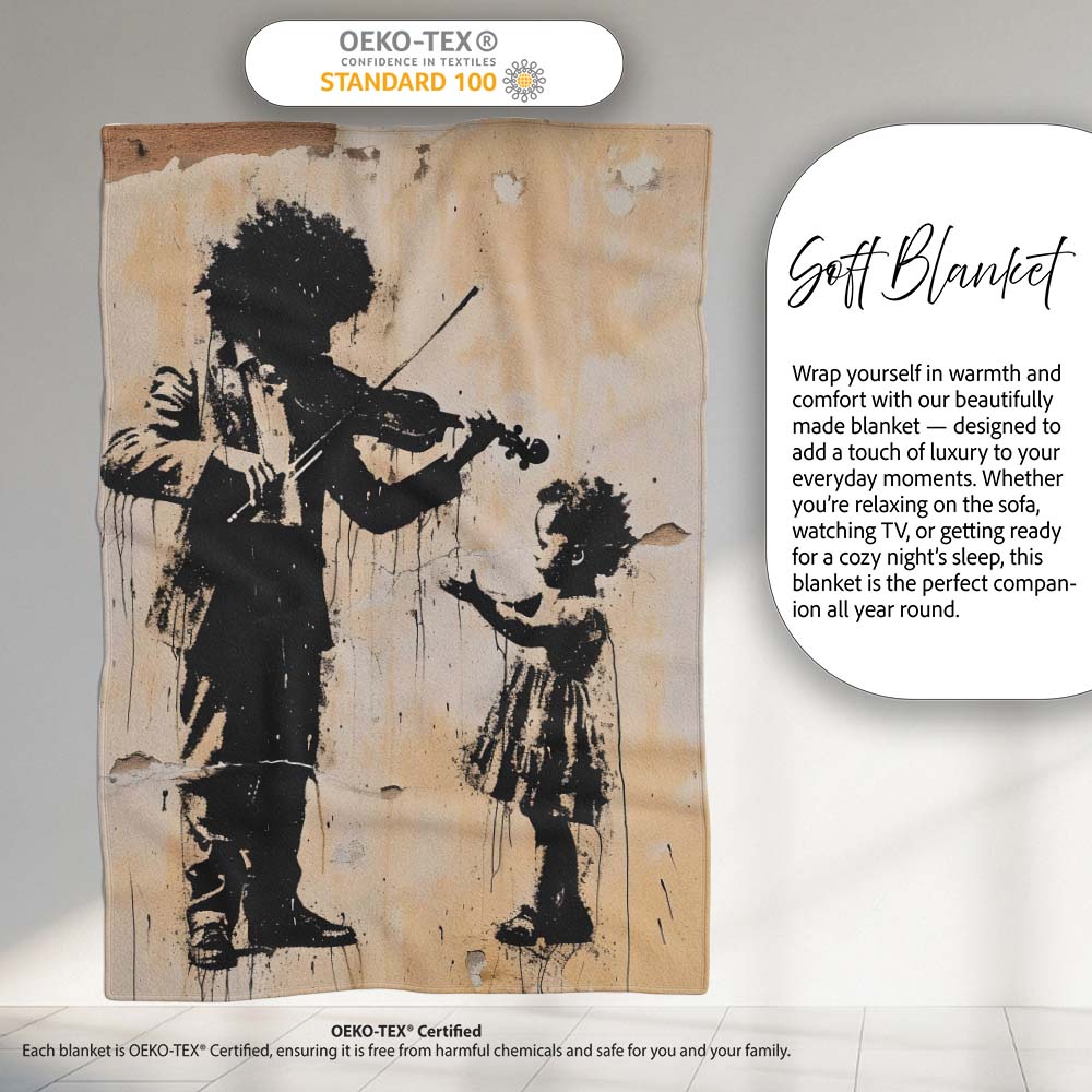 Street Violin Player Child Silhouette Urban Graffiti Artwork, Artistic Modern Decorative Accent - Super Soft Fleece Blanket Bed Sofa Throw