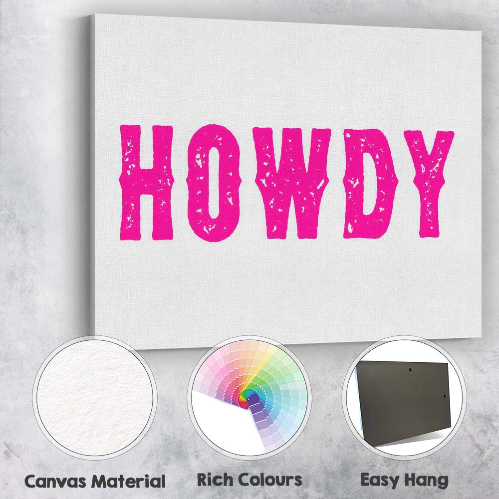 Hot Pink Distressed Howdy Western Typography Canvas Wall Art Print Decor Picture Ready to Hang