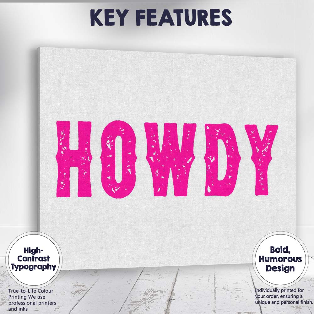 Hot Pink Distressed Howdy Western Typography Canvas Wall Art Print Decor Picture Ready to Hang