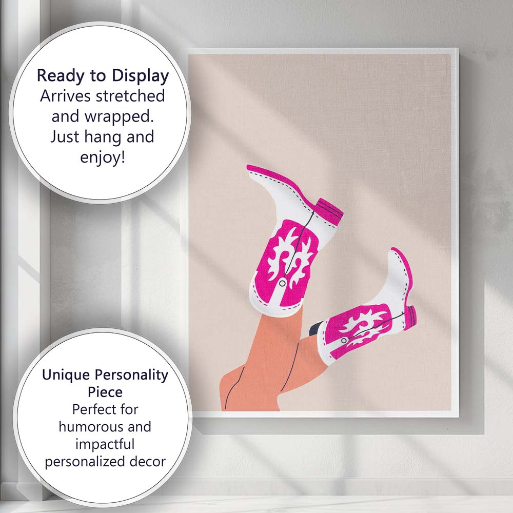 Pink White Embroidered Cowboy Boots Minimalist Fashion Canvas Wall Art Print Decor Picture Ready to Hang