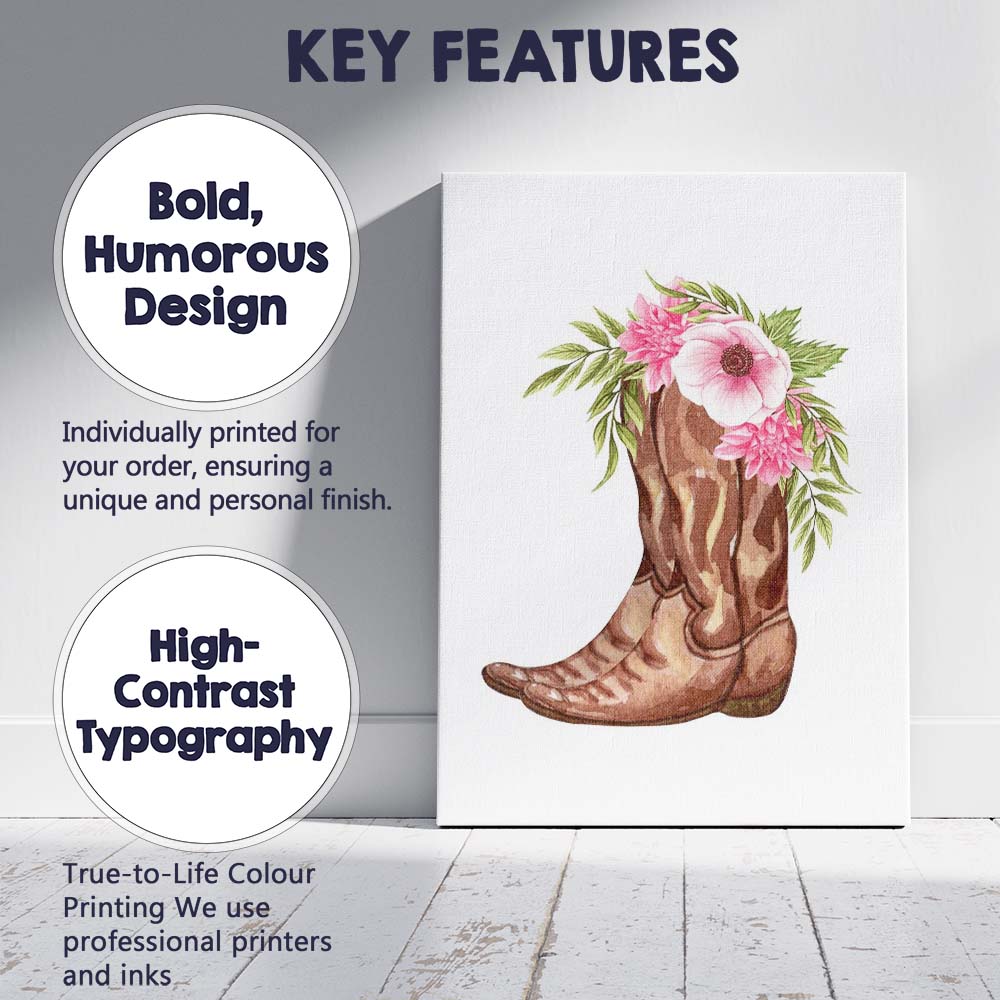 Watercolour Brown Cowboy Boots Pink Wildflower Floral Bouquet Canvas Wall Art Print Decor Picture Ready to Hang