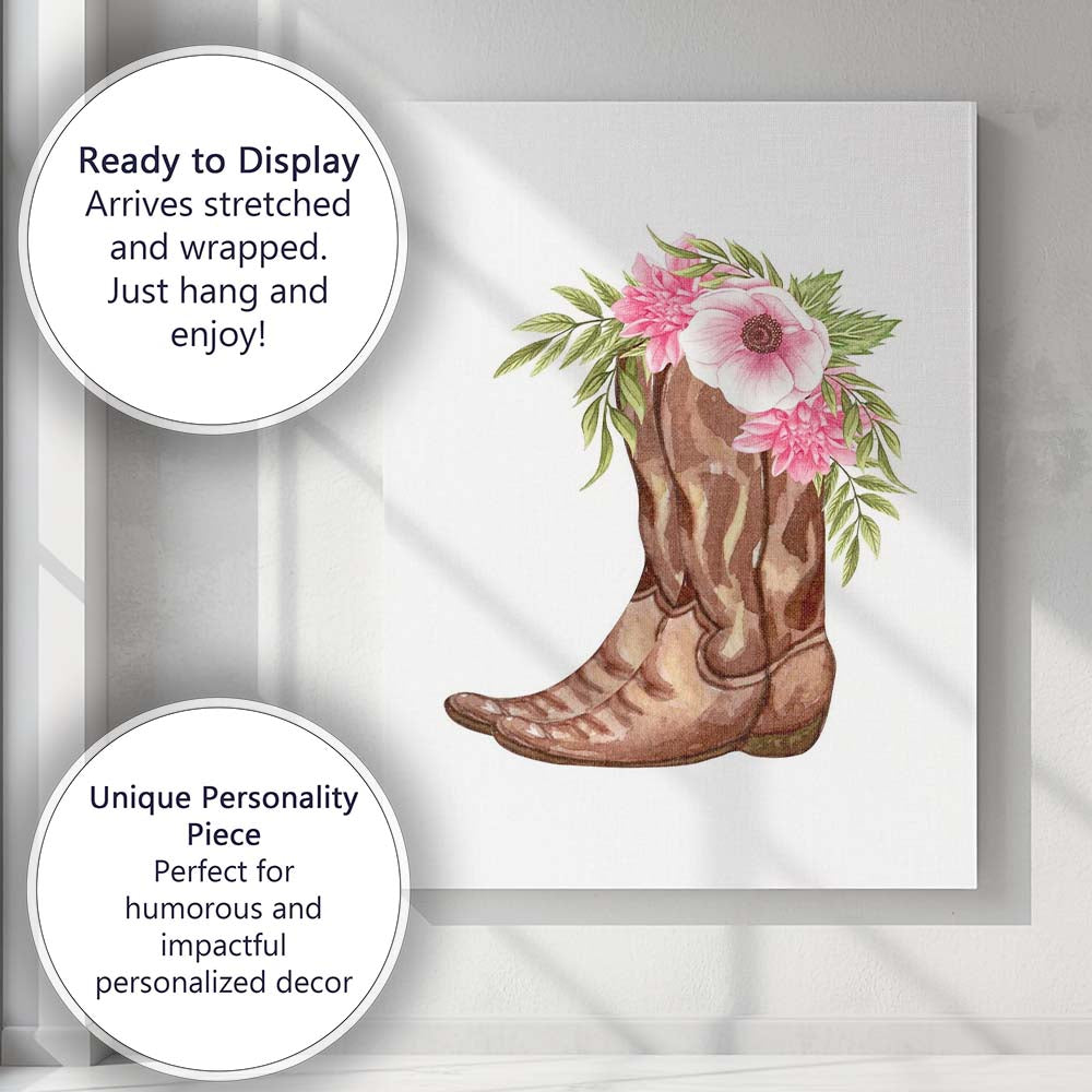 Watercolour Brown Cowboy Boots Pink Wildflower Floral Bouquet Canvas Wall Art Print Decor Picture Ready to Hang