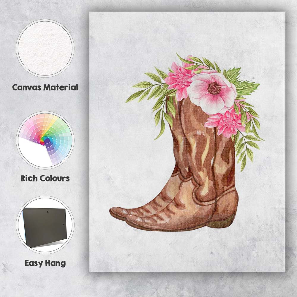 Watercolour Brown Cowboy Boots Pink Wildflower Floral Bouquet Canvas Wall Art Print Decor Picture Ready to Hang