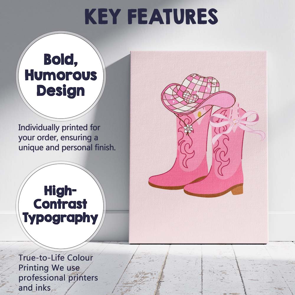 Pink Cowgirl Boots Gingham Cowboy Hat Ribbon Bow Canvas Wall Art Print Decor Picture Ready to Hang