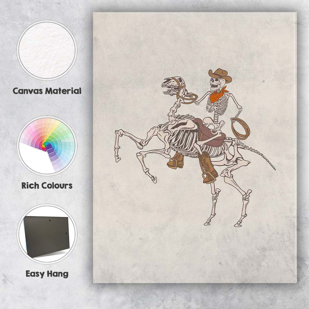 Western Cowboy Skeleton Riding Horse Illustration Canvas Wall Art Print Decor Picture Ready to Hang