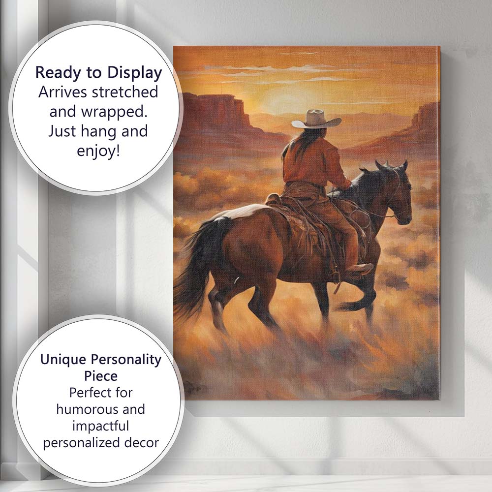 Golden Desert Cowboy Horse Sunset Landscape Canvas Wall Art Print Decor Picture Ready to Hang