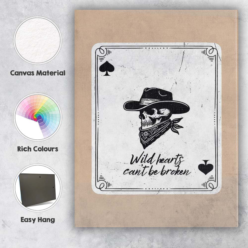 Wild Hearts Cant Be Broken Cowboy Skull Playing Card Canvas Wall Art Print Decor Picture Ready to Hang