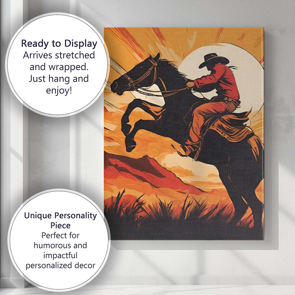 Bold Western Cowboy Riding Horse Sunset Illustration Canvas Wall Art Print Decor Picture Ready to Hang