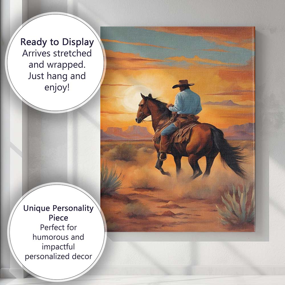 Cowboy Riding Horse Through Desert Sunset Canvas Wall Art Print Decor Picture Ready to Hang
