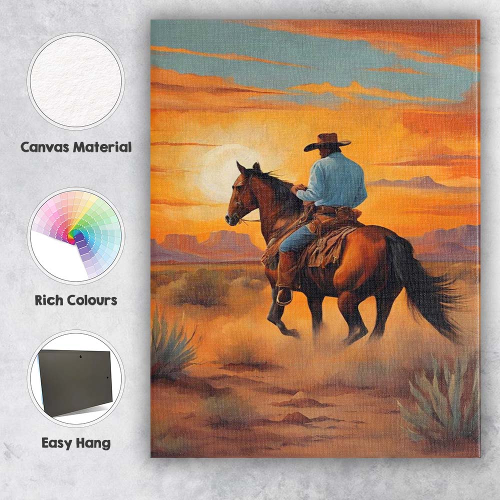 Cowboy Riding Horse Through Desert Sunset Canvas Wall Art Print Decor Picture Ready to Hang
