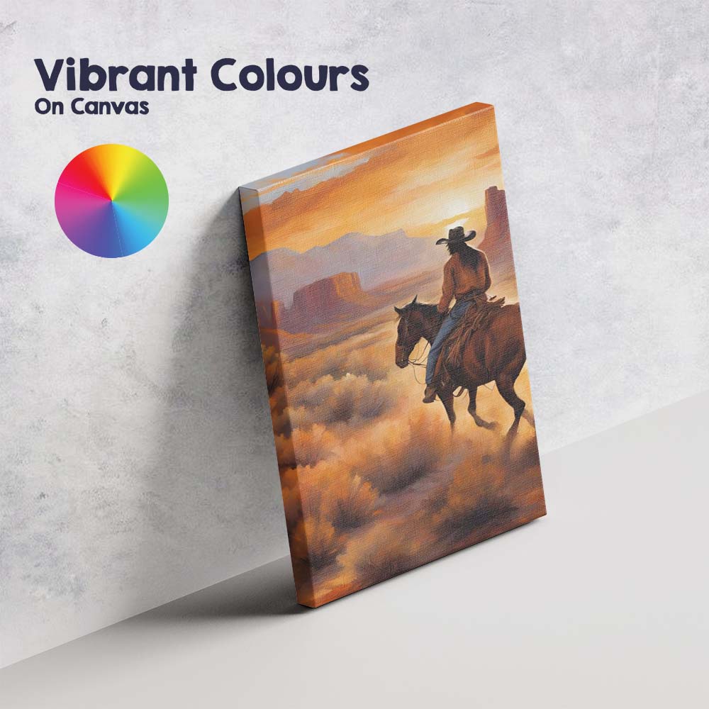 Western Cowboy Riding Through Desert Sunset Landscape Canvas Wall Art Print Decor Picture Ready to Hang