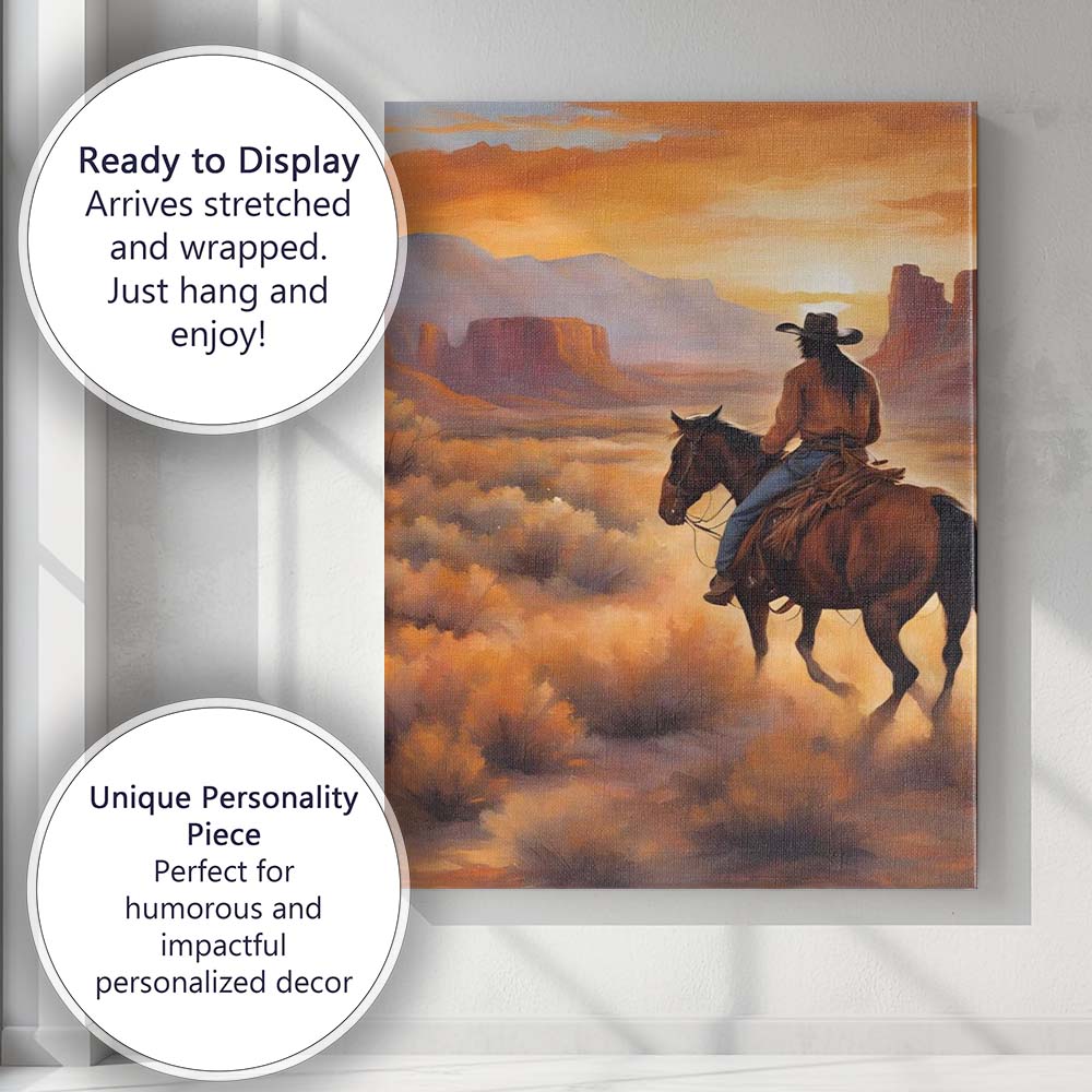 Western Cowboy Riding Through Desert Sunset Landscape Canvas Wall Art Print Decor Picture Ready to Hang