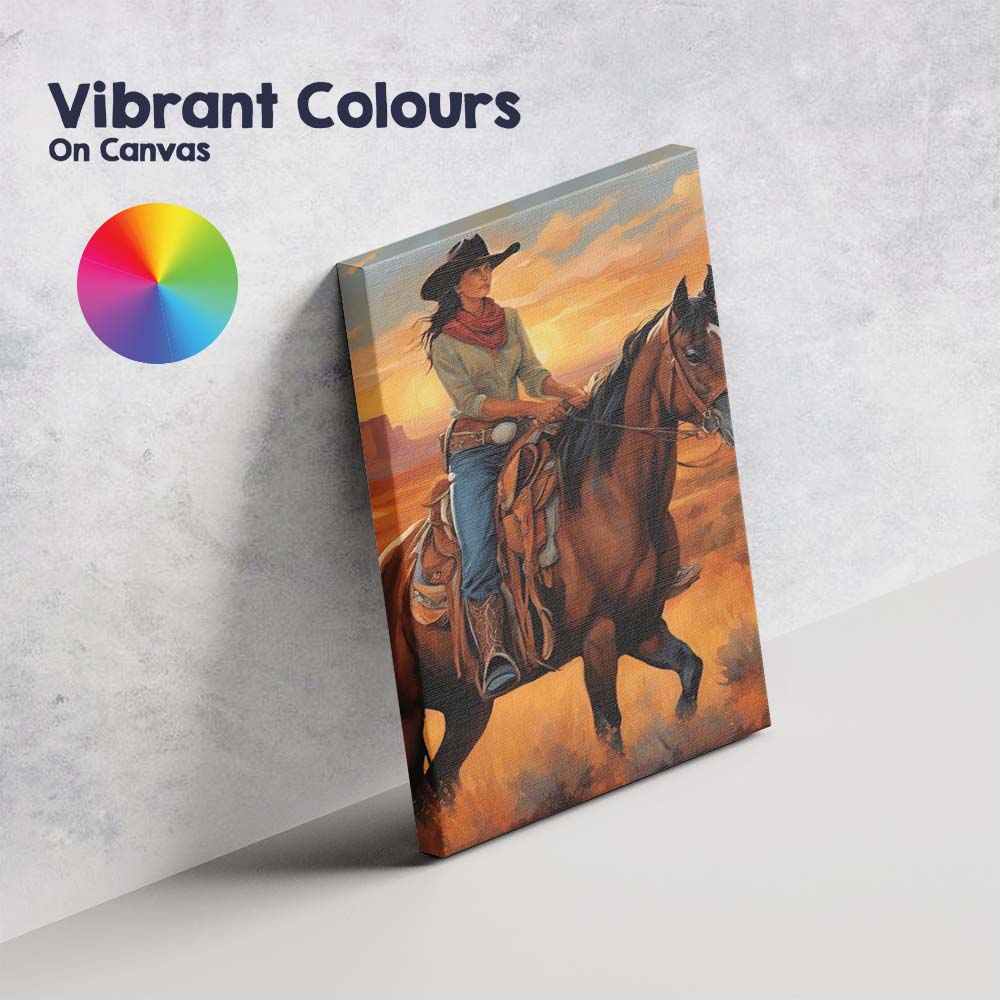 Western Cowgirl Horseback Desert Sunset Portrait Canvas Wall Art Print Decor Picture Ready to Hang