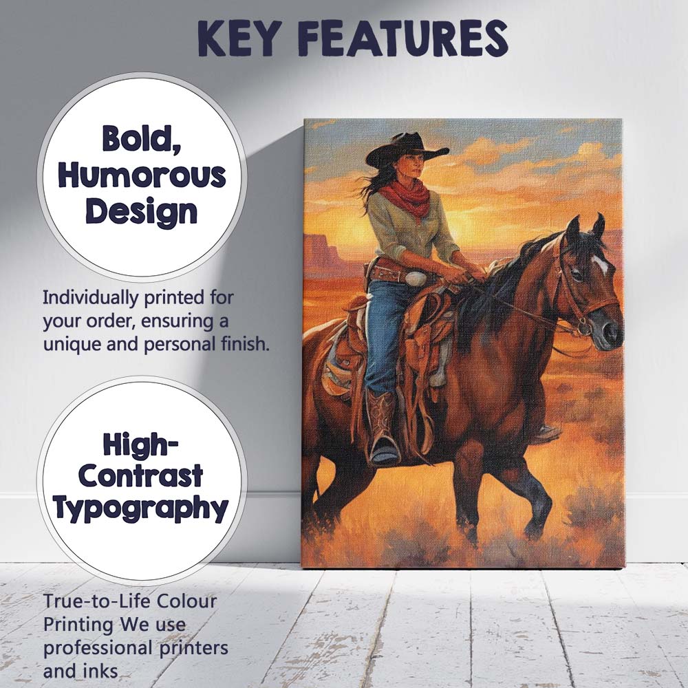 Western Cowgirl Horseback Desert Sunset Portrait Canvas Wall Art Print Decor Picture Ready to Hang