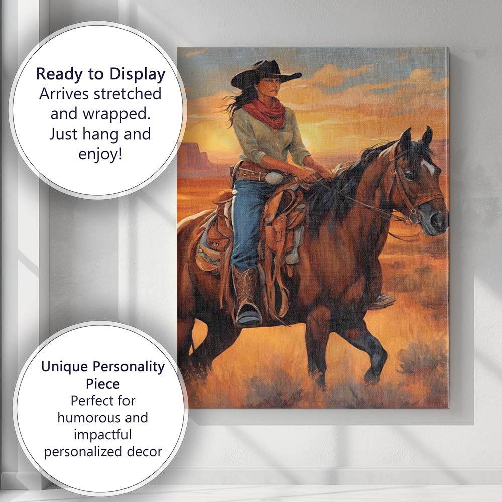 Western Cowgirl Horseback Desert Sunset Portrait Canvas Wall Art Print Decor Picture Ready to Hang