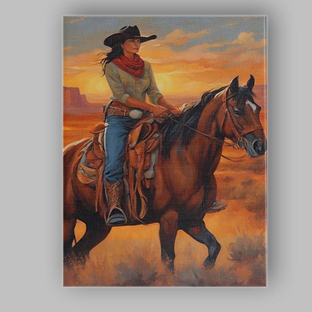 Western Cowgirl Horseback Desert Sunset Portrait Canvas Wall Art Print Decor Picture Ready to Hang