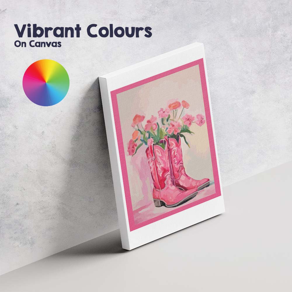Pink Floral Cowboy Boots Still Life Painting Canvas Wall Art Print Decor Picture Ready to Hang