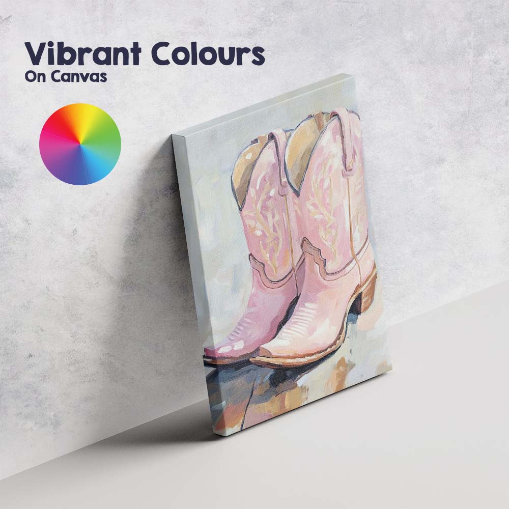 Soft Pink Western Cowboy Boots Oil Painting Canvas Wall Art Print Decor Picture Ready to Hang