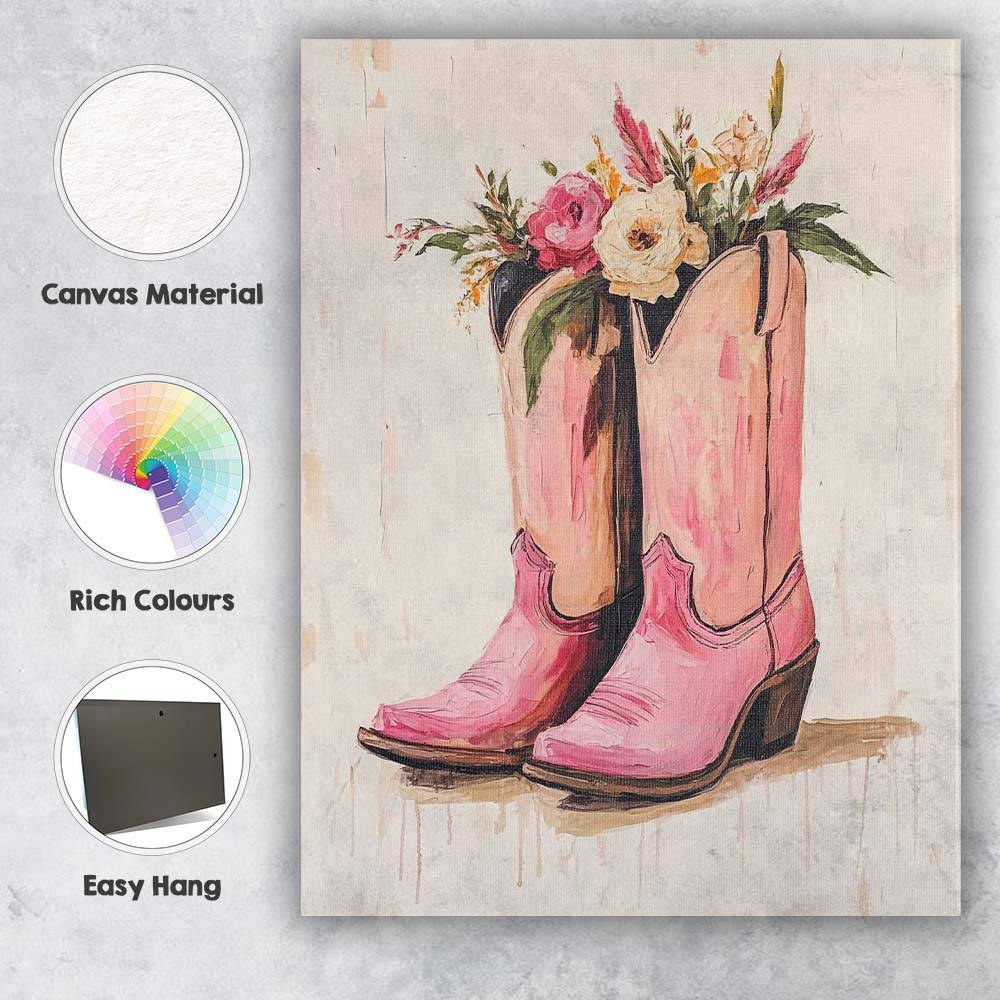 Pink Floral Cowboy Boots Still Life Painting Canvas Wall Art Print Decor Picture Ready to Hang