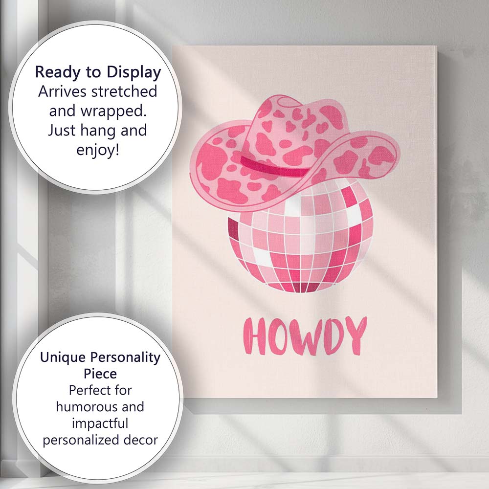 Pink Disco Cowgirl Hat Retro Western Typography Canvas Wall Art Print Decor Picture Ready to Hang