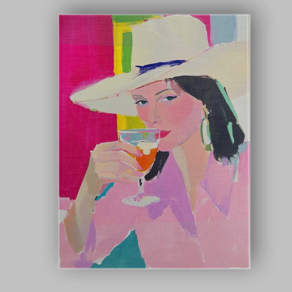 Elegant Cowgirl With White Hat Cocktail Portrait Canvas Wall Art Print Decor Picture Ready to Hang