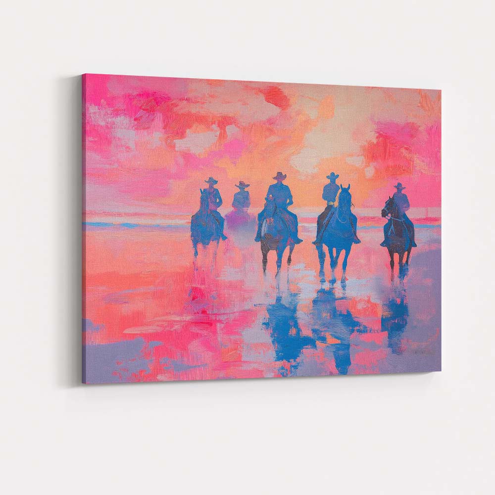 Cowboys Horseback Riding Pink Sunset Seascape Painting Canvas Wall Art Print Decor Picture Ready to Hang