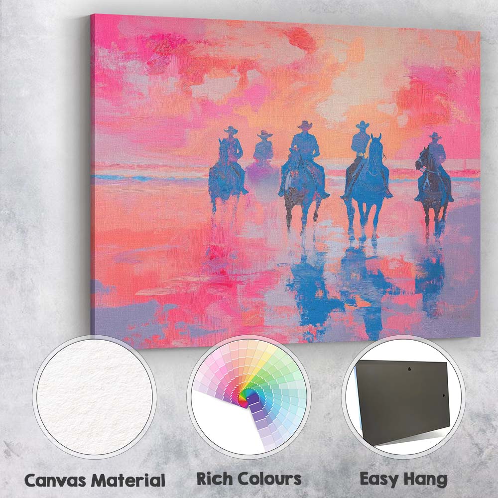 Cowboys Horseback Riding Pink Sunset Seascape Painting Canvas Wall Art Print Decor Picture Ready to Hang