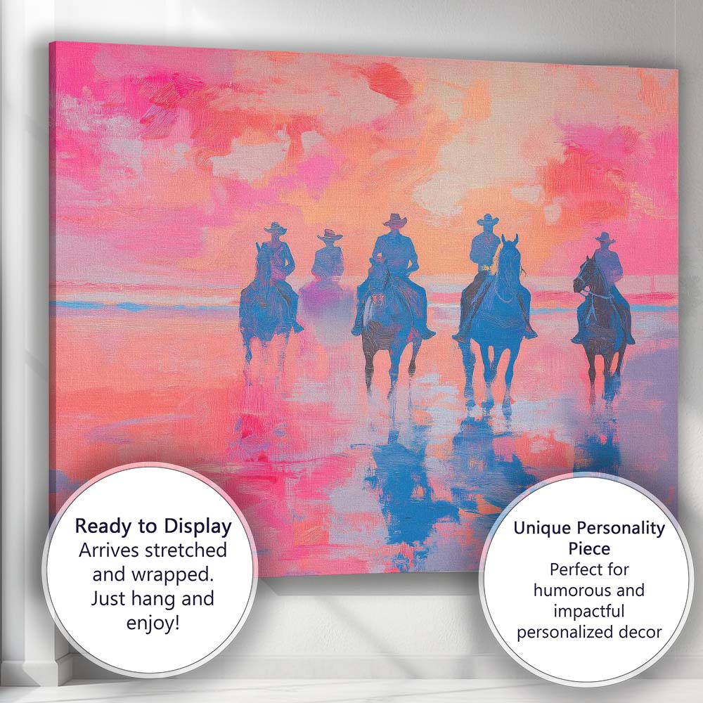 Cowboys Horseback Riding Pink Sunset Seascape Painting Canvas Wall Art Print Decor Picture Ready to Hang