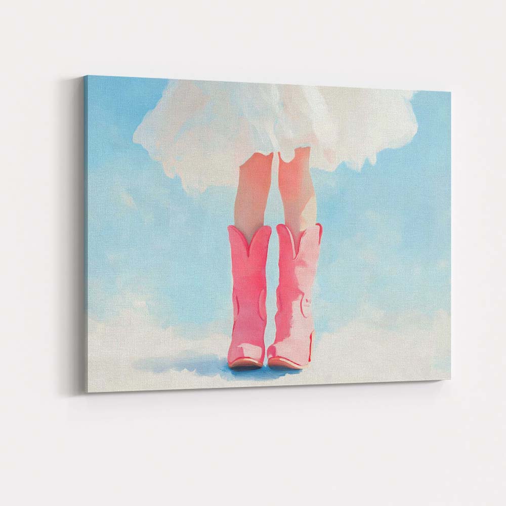 Pink Cowboy Boots White Dress Fashion Painting Canvas Wall Art Print Decor Picture Ready to Hang
