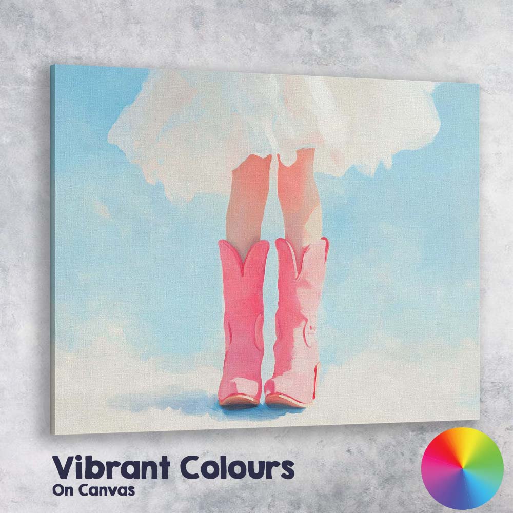 Pink Cowboy Boots White Dress Fashion Painting Canvas Wall Art Print Decor Picture Ready to Hang