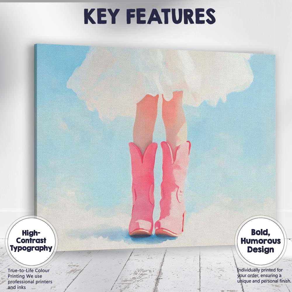 Pink Cowboy Boots White Dress Fashion Painting Canvas Wall Art Print Decor Picture Ready to Hang