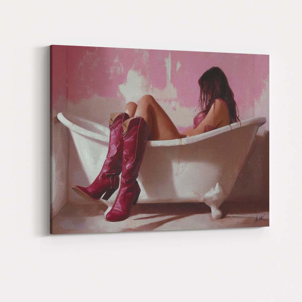 Woman Relaxing In Bathtub With Burgundy Cowboy Boots Canvas Wall Art Print Decor Picture Ready to Hang