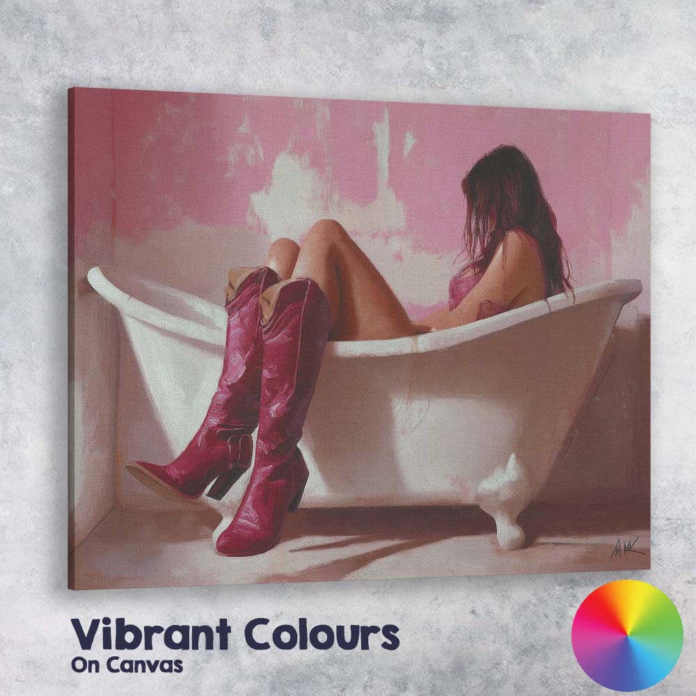 Woman Relaxing In Bathtub With Burgundy Cowboy Boots Canvas Wall Art Print Decor Picture Ready to Hang