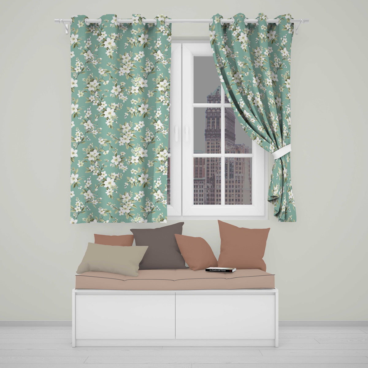 Soft White Floral Blossom Vintage Style Readymade Eyelet Ring Top Thermal 100% Blackout Curtains