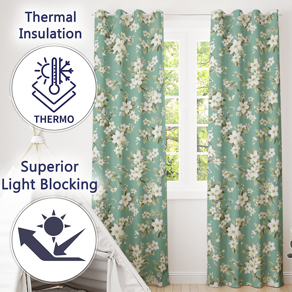 Soft White Floral Blossom Vintage Style Readymade Eyelet Ring Top Thermal 100% Blackout Curtains