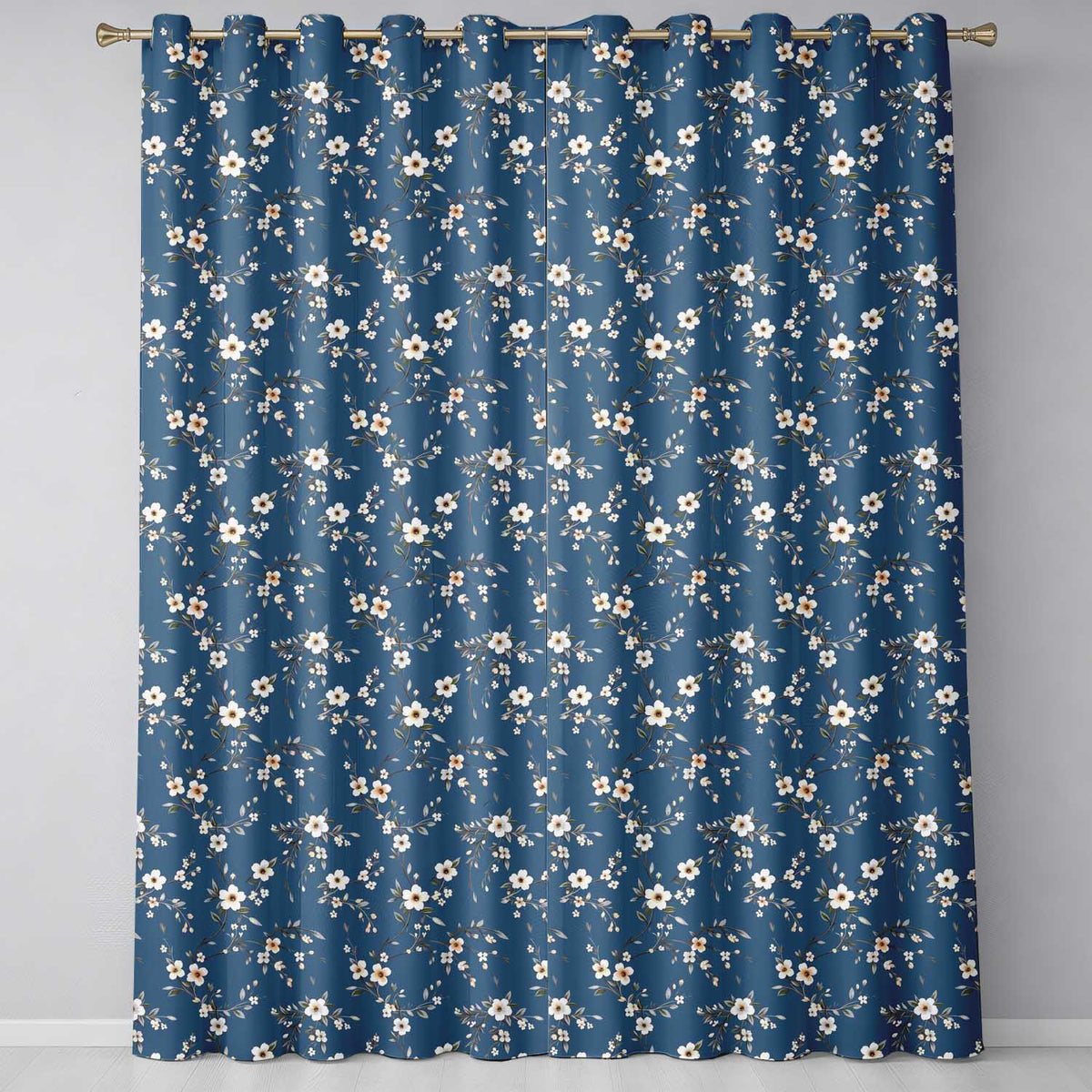 Elegant Navy Floral Vine Delicate Botanical Readymade Eyelet Ring Top Thermal 100% Blackout Curtains