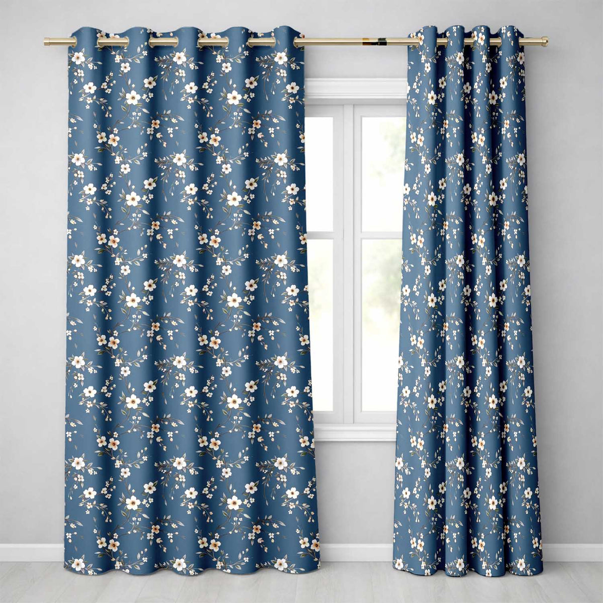Elegant Navy Floral Vine Delicate Botanical Readymade Eyelet Ring Top Thermal 100% Blackout Curtains