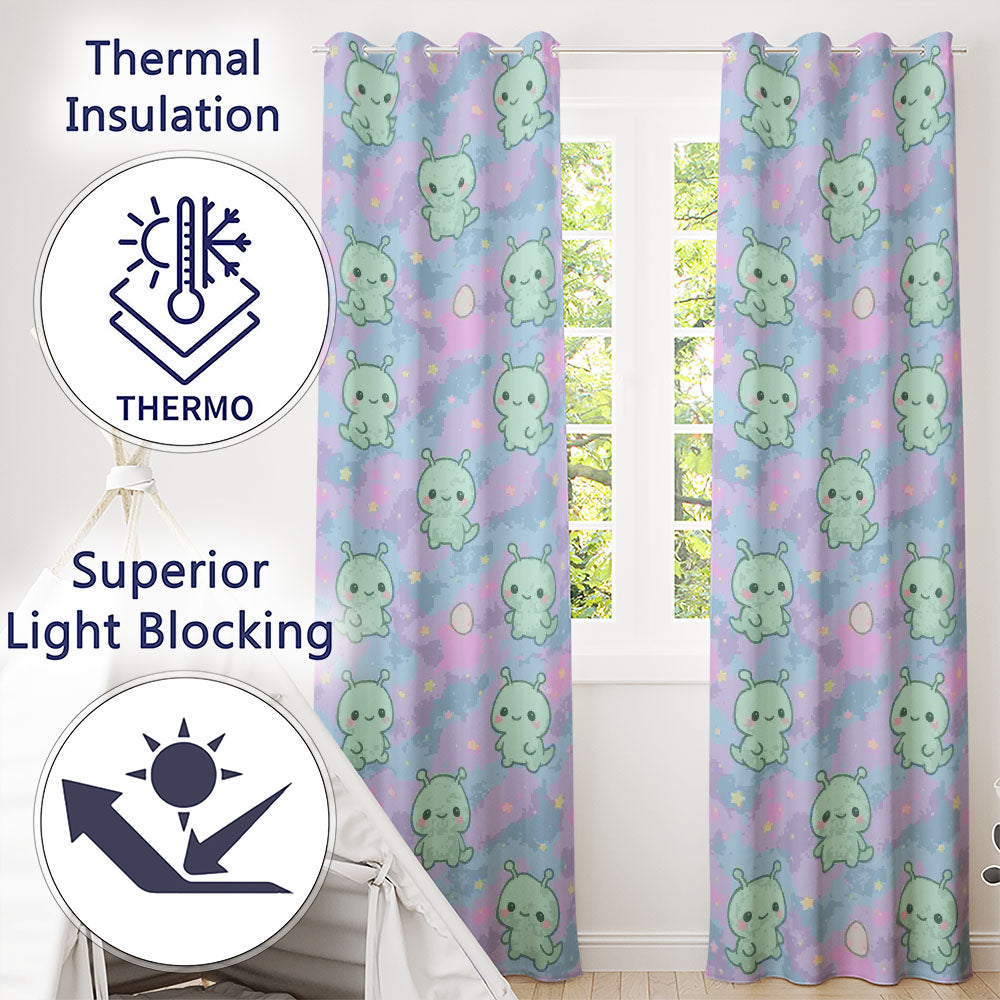 Cute Alien Space Cartoon Animal Pattern Readymade Eyelet Ring Top Thermal 100% Blackout Curtains