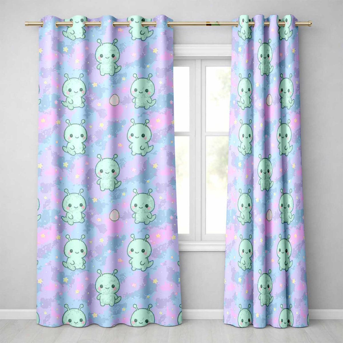 Cute Alien Space Cartoon Animal Pattern Readymade Eyelet Ring Top Thermal 100% Blackout Curtains