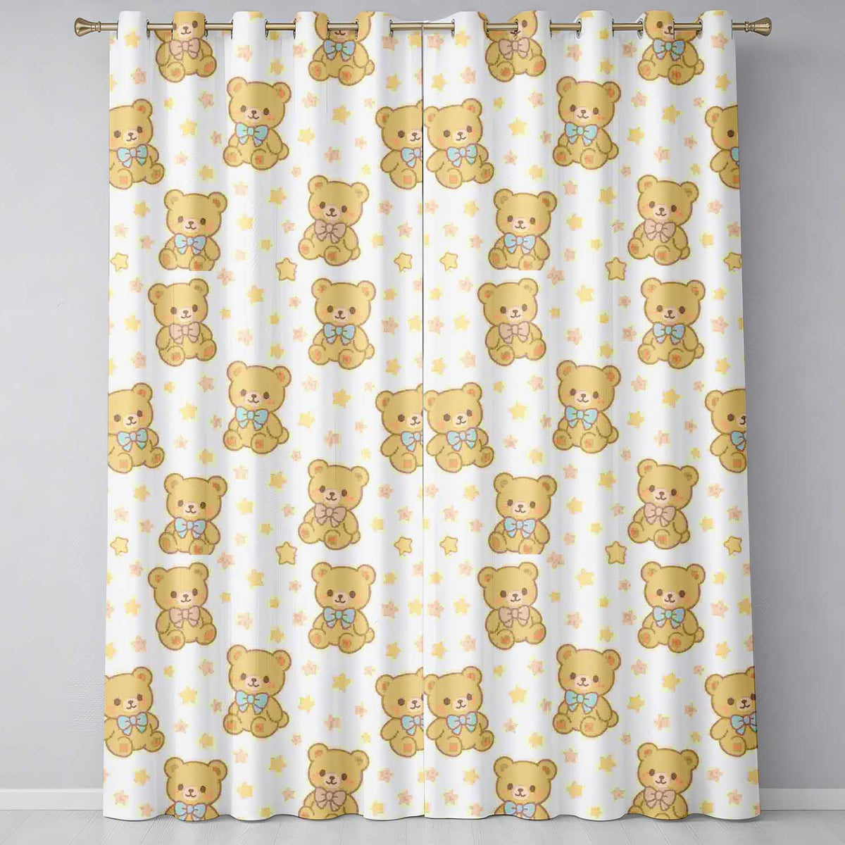 Cute Teddy Bear Bow Cartoon Animal Pattern Readymade Eyelet Ring Top Thermal 100% Blackout Curtains