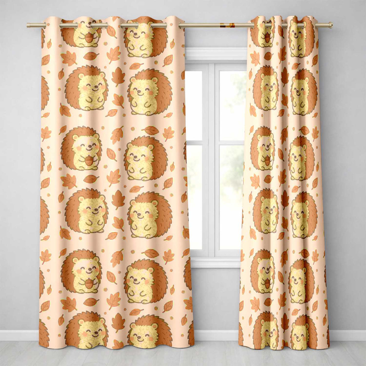 Cute Hedgehog Autumn Cartoon Animal Pattern Readymade Eyelet Ring Top Thermal 100% Blackout Curtains