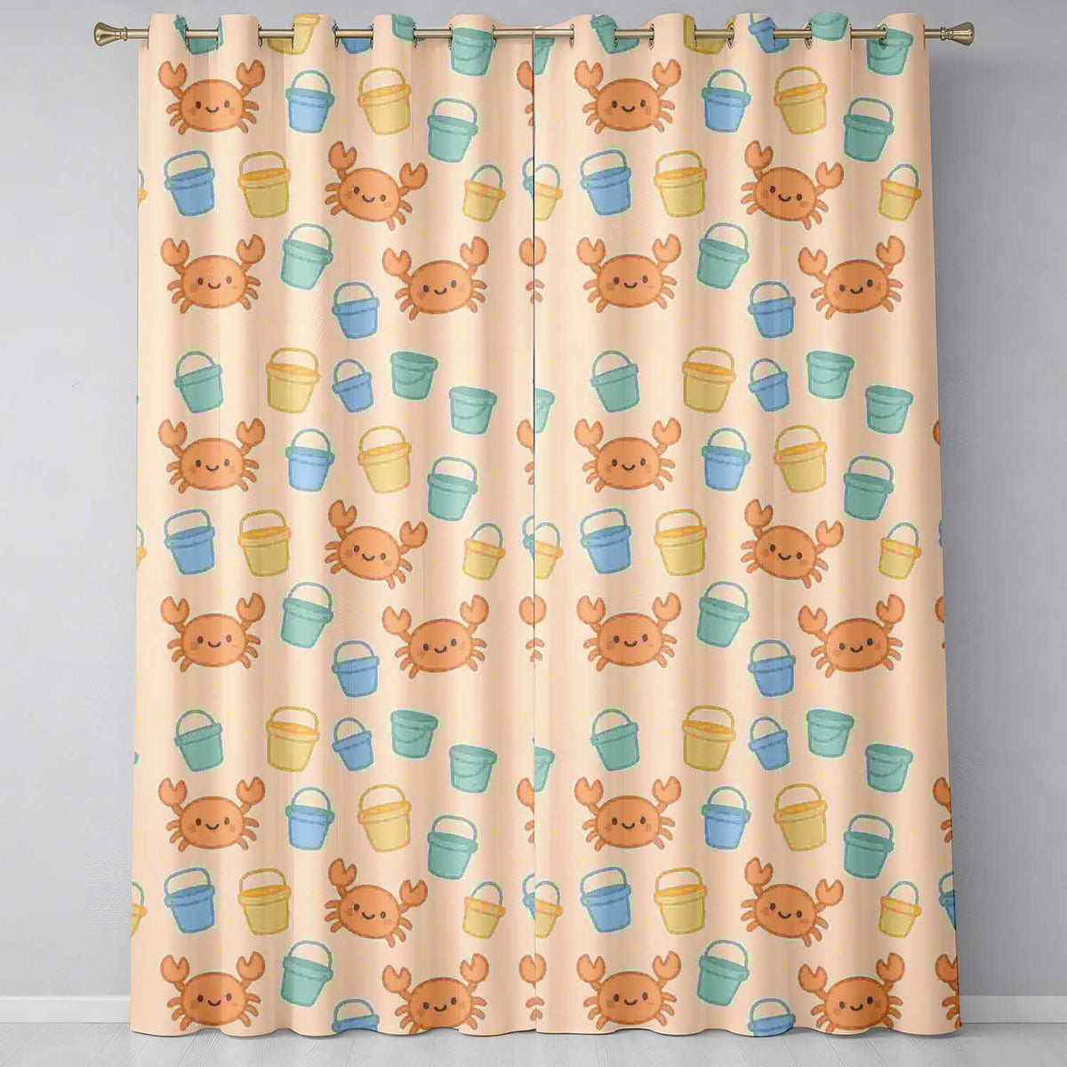 Cute Crab Bucket Beach Cartoon Animal Pattern Readymade Eyelet Ring Top Thermal 100% Blackout Curtains