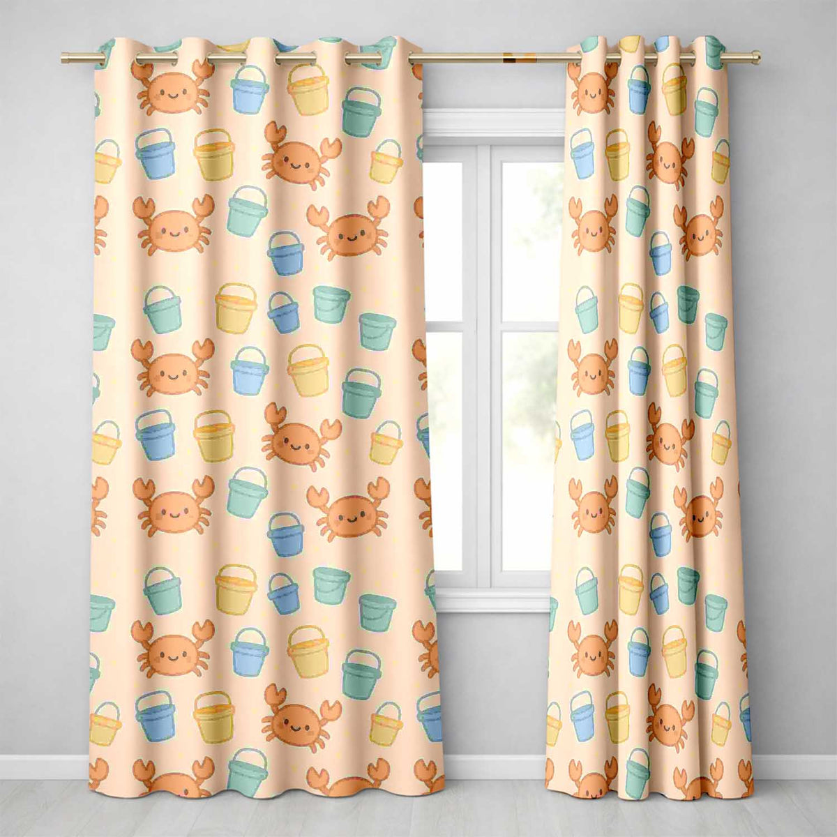 Cute Crab Bucket Beach Cartoon Animal Pattern Readymade Eyelet Ring Top Thermal 100% Blackout Curtains