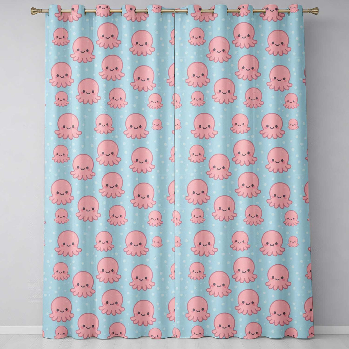 Cute Pink Octopus Cartoon Sea Animal Pattern Readymade Eyelet Ring Top Thermal 100% Blackout Curtains