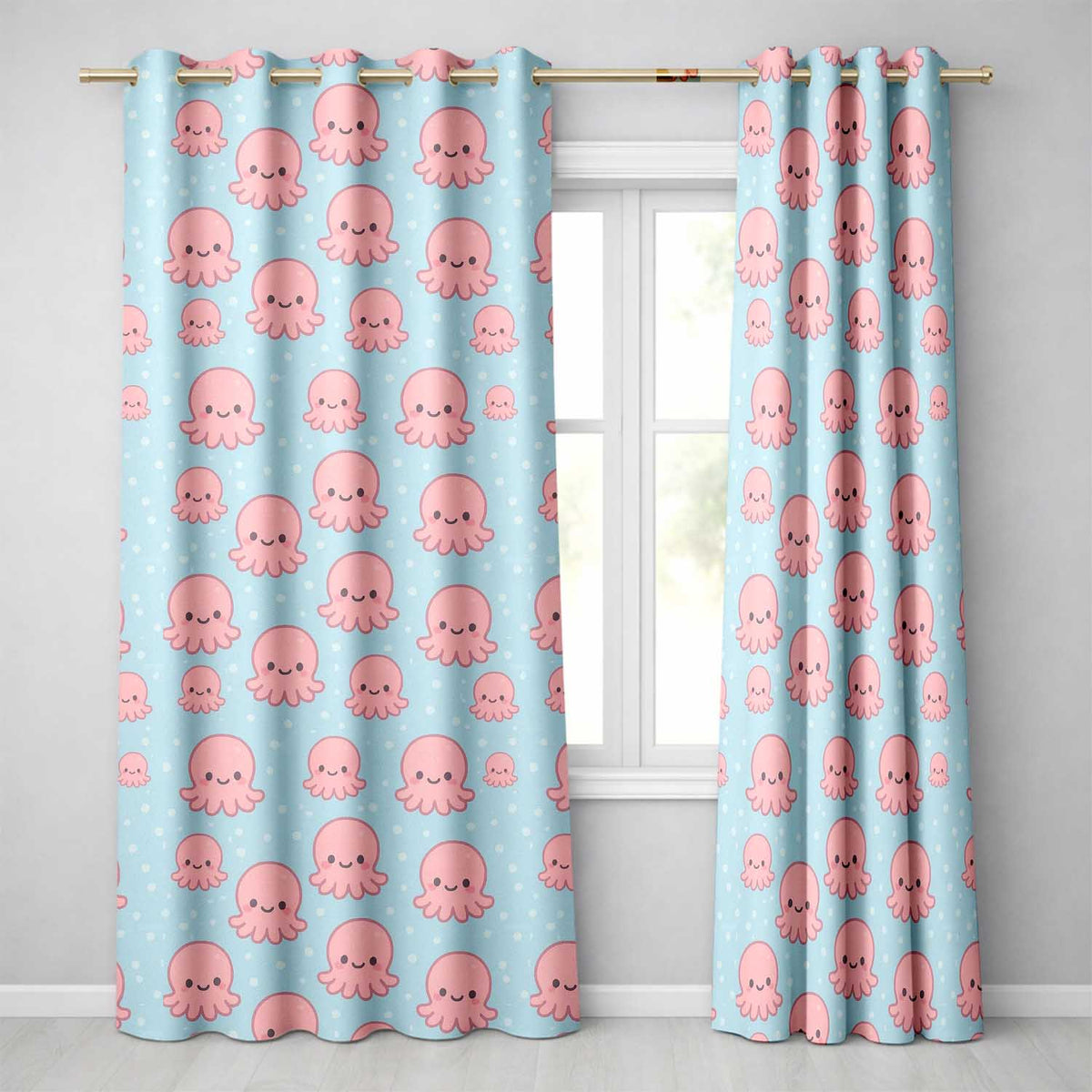 Cute Pink Octopus Cartoon Sea Animal Pattern Readymade Eyelet Ring Top Thermal 100% Blackout Curtains