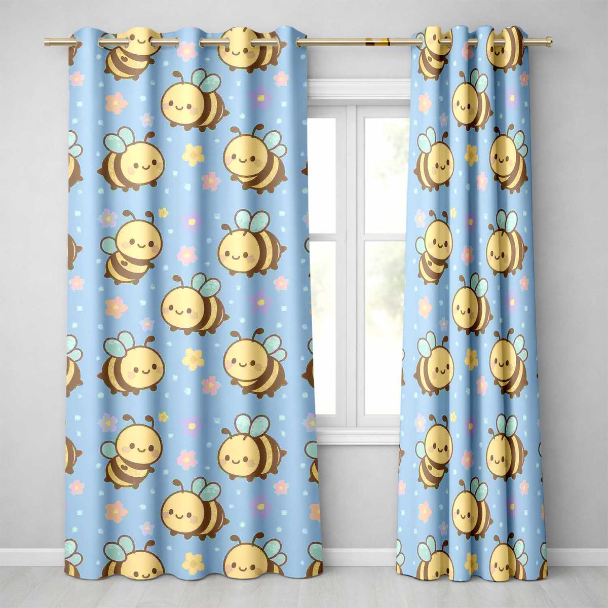 Cute Bee Flower Cartoon Animal Pattern Readymade Eyelet Ring Top Thermal 100% Blackout Curtains