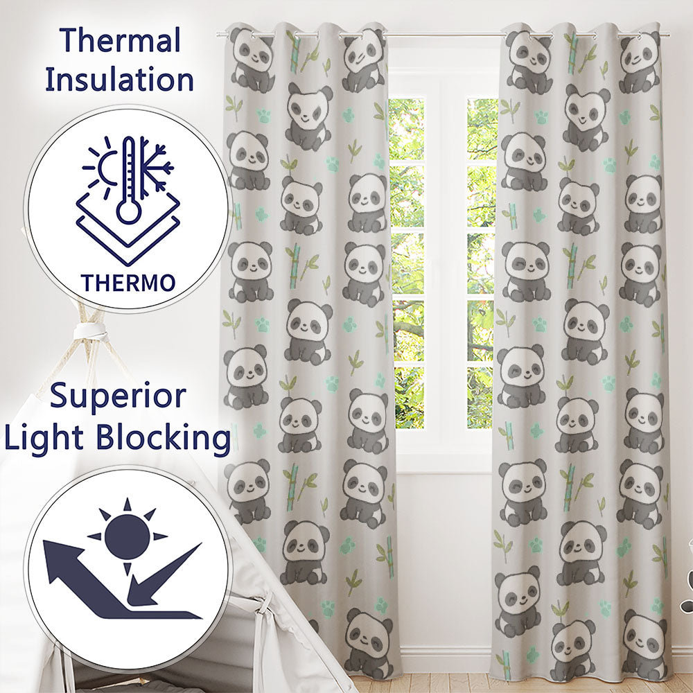 Cute Panda Bamboo Cartoon Animal Pattern Readymade Eyelet Ring Top Thermal 100% Blackout Curtains